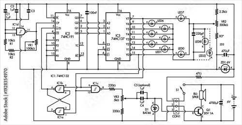 Schematic diagram of electronic device on paper sheet. Vector drawing electrical circuit with integrated circuit, logic element, transistor, power supply battery, led indicator, speaker,  capacitor.