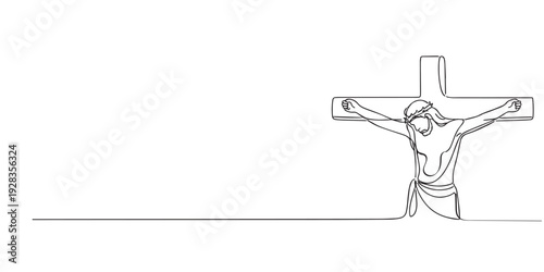 One line drawing of Jesus Christ on the cross. Hand drawn continuous line symbolizing sacrifice, redemption, faith, and Christian devotion.
