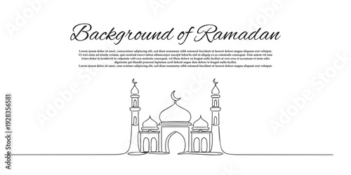 One line drawing of a mosque with crescent moon for Ramadan background. Hand drawn continuous line symbolizing faith, peace, prayer, and Islamic spirituality.