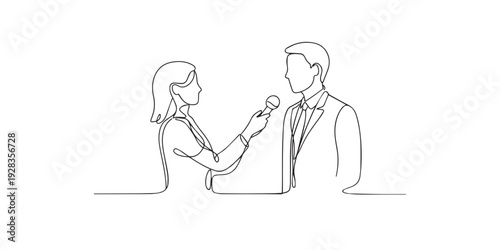 One line drawing of a female journalist interviewing a business professional with a microphone. Hand drawn continuous line expressing communication, confidence, and professionalism.