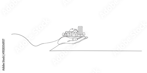 One line drawing of a hand holding residential and city buildings symbolizing real estate ownership. Hand drawn continuous line representing property, housing, investment, and urban development.