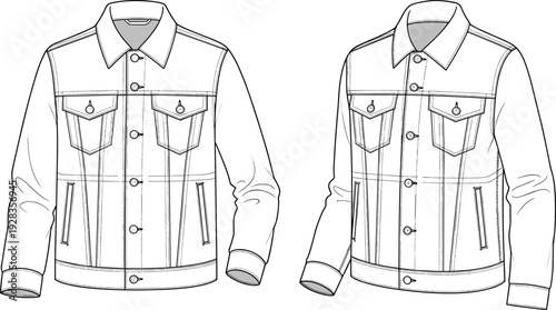 Classic Denim Trucker Jacket Fashion Flat Sketch Front and Perspective View, Jean Jacket CAD Drawing Flat Vector Illustration Technical Template