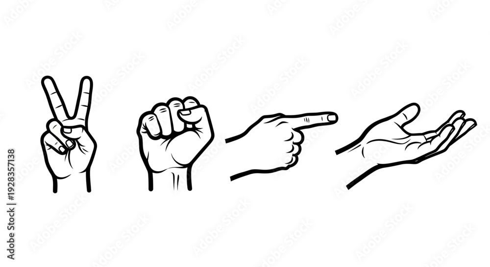 Fototapeta premium Hands illustrating various gestures in a simple line art style from a straightforward viewpoint