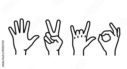 Hands showcasing various sign language gestures in a simple line illustration