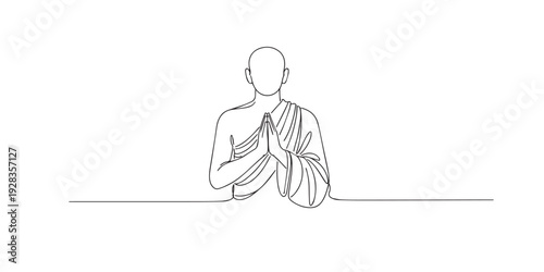 One line drawing of a Buddhist monk with hands in prayer pose symbolizing peace and spirituality. Hand drawn continuous line expressing meditation, mindfulness, devotion, and inner calm.