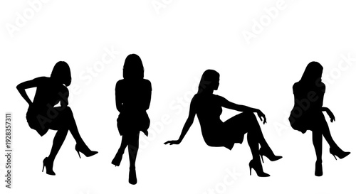 Silhouetted women posing in various positions, high heels, isolated on a clean background, profile view
