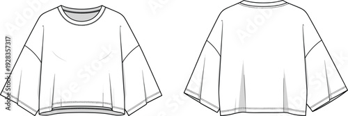 Womens oversized crop top t-shirt technical flat sketch, drop shoulder tee fashion design template, streetwear garment cad drawing, flat vector illustration