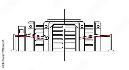 A black and red line art vector illustration of a large, secure theme park gate with retractable belt barriers on a white background.