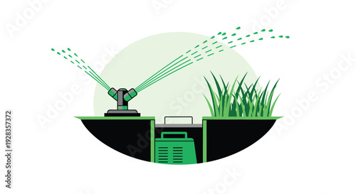 A vector diagram illustrating an automatic lawn sprinkler system with a dual-head sprayer watering green grass from an underground installation.