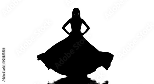 Woman in flowing dress posing confidently from behind
