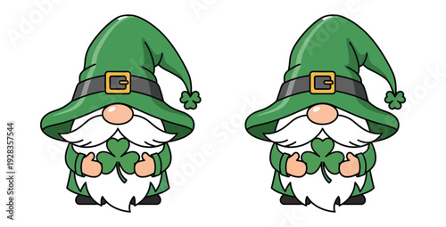 Adorable pair of leprechaun gnomes wearing green hats adorned with shamrocks holding clovers for saint patrick's day celebration artwork
