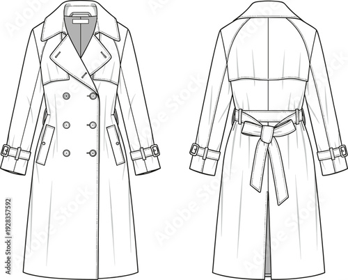 Classic Women Double Breasted Trench Coat Fashion Flat Sketch, Long Outerwear With Belt Front and Back View CAD Drawing Flat Vector Illustration Template