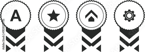 Four black and white icons with letters and symbols on ribbons