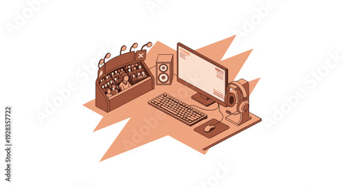 An isometric vector illustration of a complete computer gaming and streaming setup, including a monitor, keyboard, and mixer, rendered in a monochrome terracotta palette.