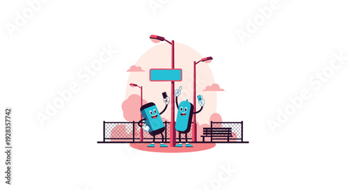 Two friendly anthropomorphic smartphone characters with expressive faces are taking selfies together in a park setting with lampposts and a bench in a flat vector style.
