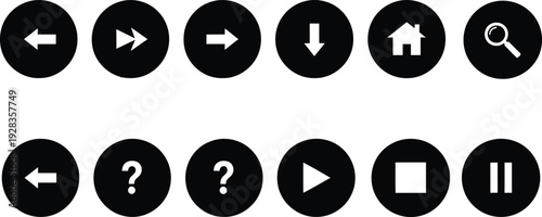 Black and white navigation and media control icons