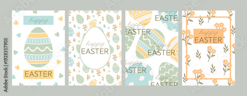 Happy Easter cute posters in pastel colors with decorative eggs, flowers, hearts and greeting text on white background in flat style. Simple vector card for spring traditional holiday.
