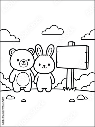 Cute Bear and Bunny with Blank Sign Coloring Page