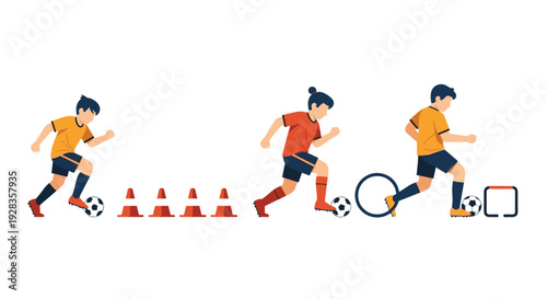 A three-part illustration sequence showing a soccer player performing training drills, including dribbling around cones, through a hoop, and over a hurdle.