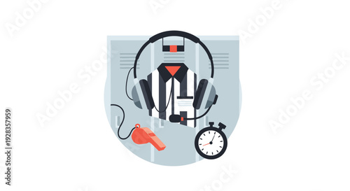 A flat design composition of coaching and referee equipment, including a striped shirt, headphones, a whistle, and a stopwatch, arranged inside a circle.