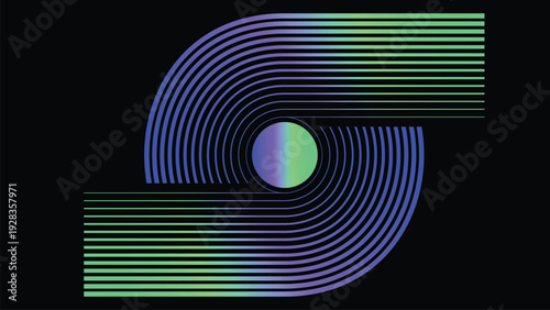 Abstract Geometric Composition: A minimalist yet captivating artwork composed of concentric lines and a central sphere, with vibrant hues of green and blue, and a sleek, modern aesthetic.