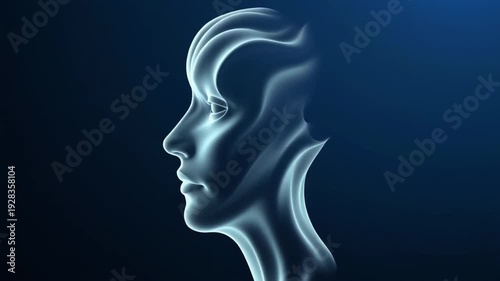 Abstract Human Head Silhouette with Glowing Lines on Dark Blue Background.