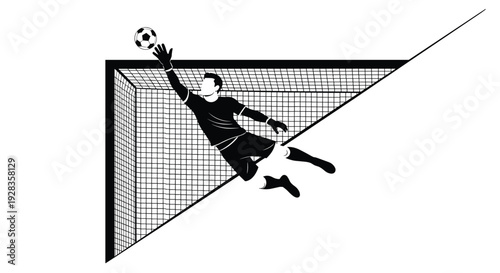 A black and white silhouette shows a soccer goalkeeper in mid-air, diving to make a dramatic save at the corner of the goal net.
