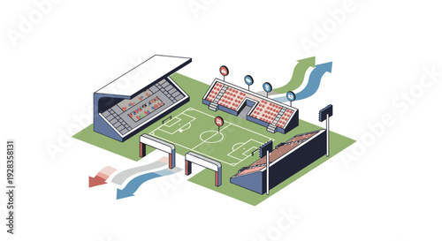 An isometric illustration depicts a soccer stadium with a green pitch and spectator stands, featuring arrows indicating crowd flow.