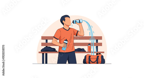 A male athlete in an orange shirt sits on a bench, drinking from a water bottle and accidentally spilling another into his open gym bag.