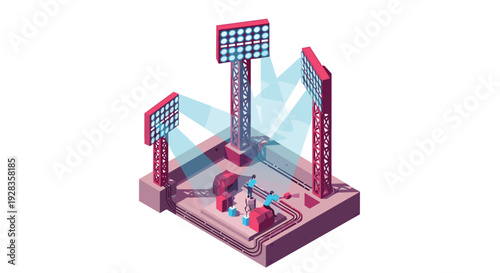 An isometric low-polygon illustration shows three stadium floodlight towers illuminating a central power generator unit with blue light beams.