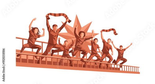 A group of excited sports fans in matching attire jump for joy on a stadium balcony, holding scarves high in celebration against a white background.