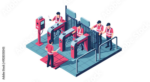 An isometric illustration shows security staff managing the crowd flow through electronic turnstiles at the entrance to a stadium or event venue.