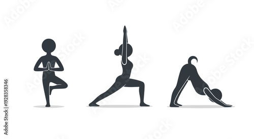 Three silhouetted figures practicing yoga poses in a serene setting