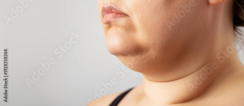 Close-up of a young Hispanic woman with medium-length dark hair. She has a round face and visible double chin. The background is neutral and plain.