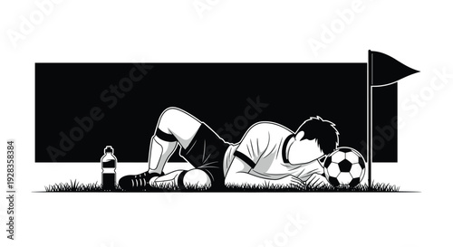 A black and white illustration shows an exhausted football player lying on the grass with his head on a soccer ball after a difficult match.