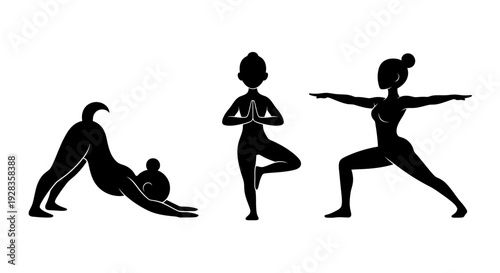 Women practicing yoga poses in various silhouetted stances