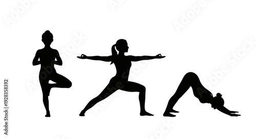 Three women practicing yoga in various poses on a serene background from different viewpoints