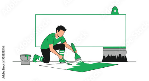 A vector illustration shows a man in a green shirt and boots kneeling on the floor, using a large paintbrush to apply green paint from a can.