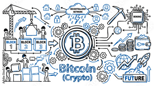 Bitcoin doodle and process routing, icon, vector, design, vintage, sign, illustration, label, symbol, text, set, coffee, banner, sale, stamp, sticker, food, grunge, cartoon, art