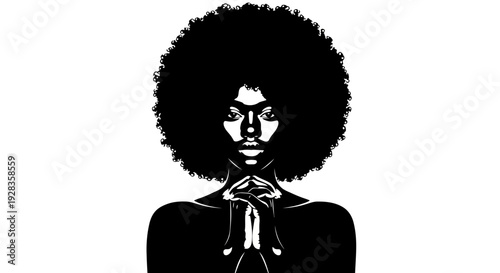 Woman with Afros contemplates quietly in monochrome portrait view
