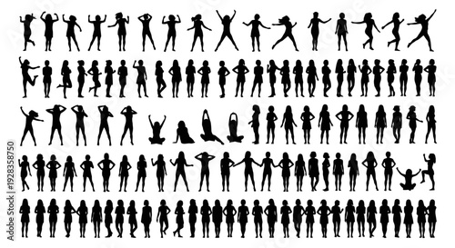 Collection of people silhouettes in various poses and actions from different viewpoints