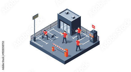 An isometric vector illustration of four people playing soccer on a rooftop parking lot with a barrier and payment machine.