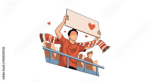 A vector illustration of a devoted sports fan in a stadium holding up a blank sign with a heart while wearing a team scarf.