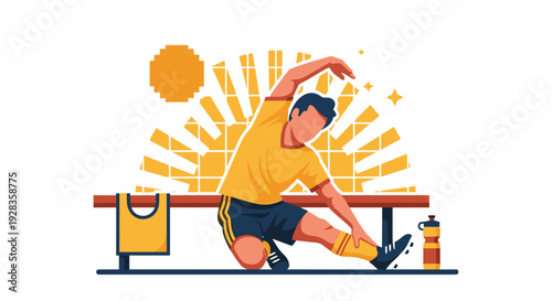A flat vector illustration of a male athlete in a yellow jersey stretching his hamstring while sitting on a bench before a game.