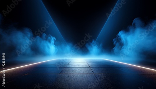 3d rendering abstract dark empty scene blue neon searchlight light wet asphalt smoke on black background