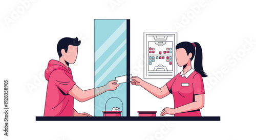 A vector illustration of a man purchasing a ticket from a female vendor at a stadium box office with a protective screen.