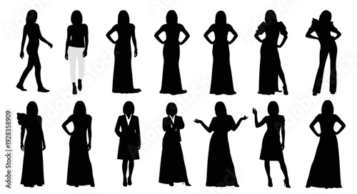 Collection of diverse female silhouettes in various poses and outfits