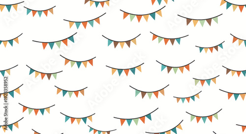 Decorative bunting flags in muted colors create a festive and playful seamless pattern on a white background.