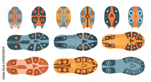 A top-down view collection of various stylized shoe soles and footprints with colorful geometric patterns on a white background.