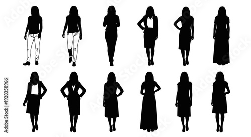 Collection of silhouetted women in various outfits and poses on a plain background